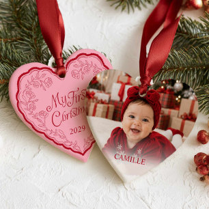 Rosa mein erstes Weihnachtsherz-Foto-Ornament Keramik Ornament
