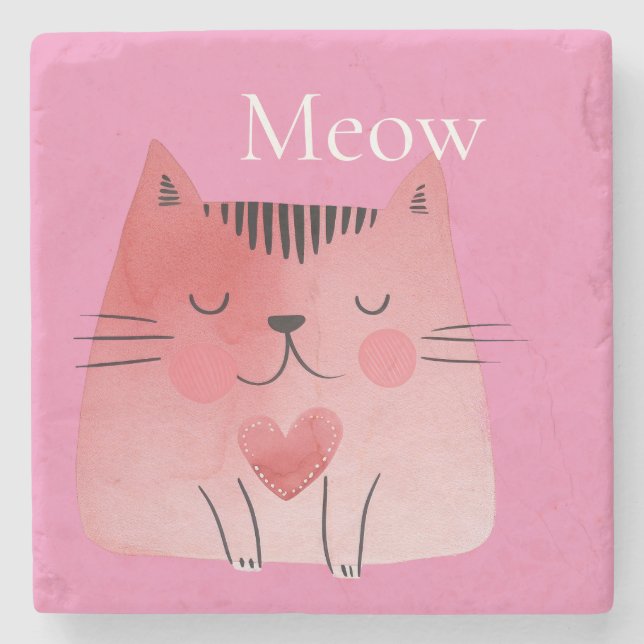 Rosa Meow Cat Steinuntersetzer (Vorderseite)