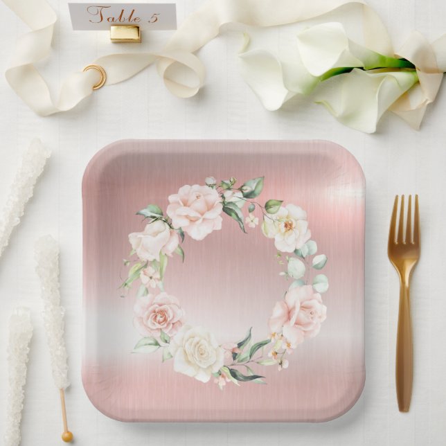 Rosa Metallblütendusche Wasserfarben Babydusche Pappteller (Hochzeit)