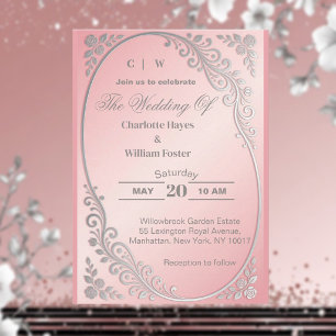 Rosa Metallic Glitter Silber Blumen Hochzeit Einladung