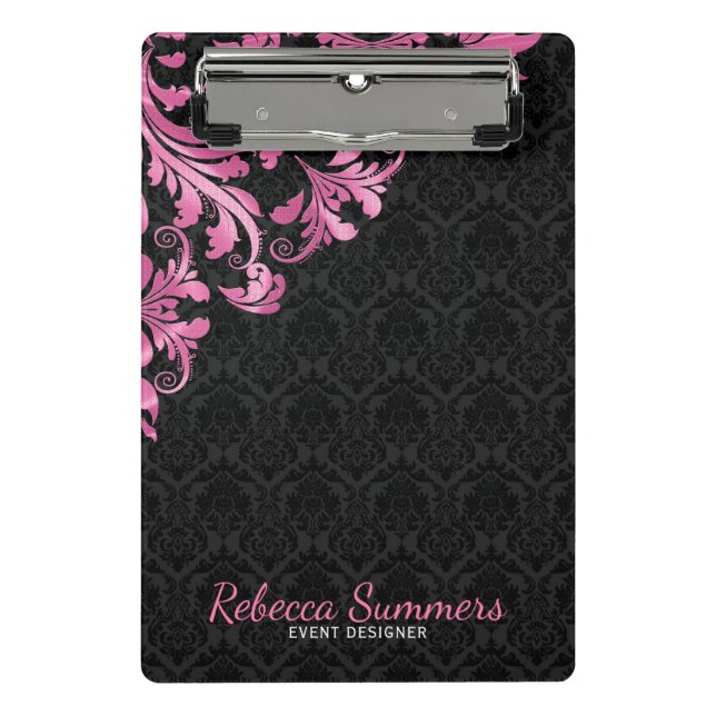 Rosa Metallspitze und schwarze Damasken Mini Klemmbrett (Vorderseite)