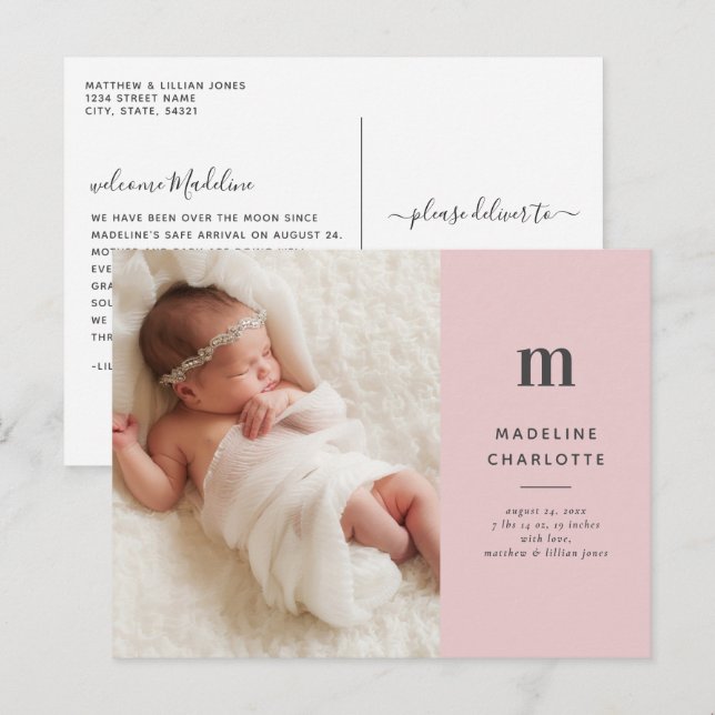 Rosa Minimalistisch Girls Foto Geburtserklärung Postkarte (Vorne/Hinten)