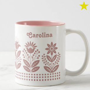 Rosa minimalistischer Blumen-Volkskunst-Name Zweifarbige Tasse
