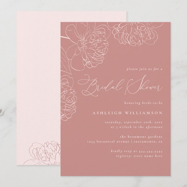 Rosa Minimalistisches, handgezeichnet Peonies-Brau Einladung (Vorne/Hinten)