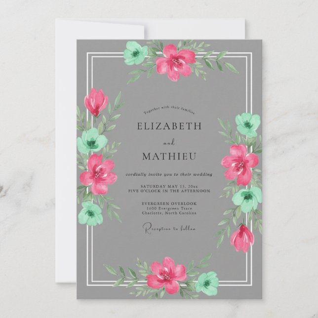 Rosa Mint Bemalte Hochzeit Einladung (Vorderseite)