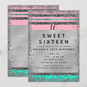 Rosa Mint Grün Silber Glitter Rand Sweet 16 Party Einladung