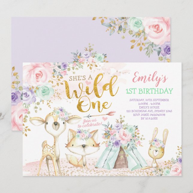 Rosa Minze Lila Boho Woodland Animes Wild One Einladung (Vorne/Hinten)