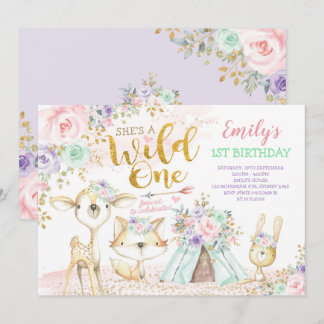 Rosa Minze Lila Boho Woodland Animes Wild One Einladung