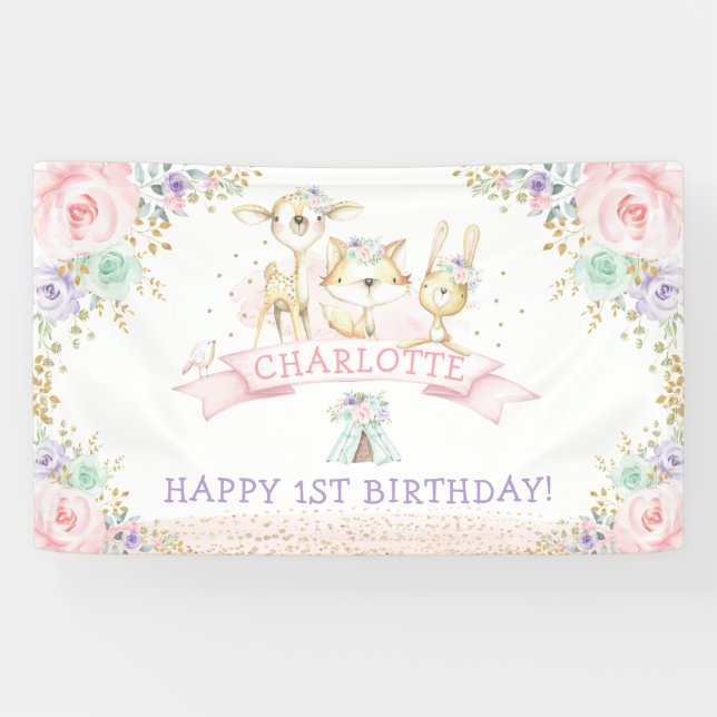 Rosa Minze Lila Floral Woodland glücklich Geburtst Banner (Horizontal)