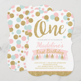 Rosa Minze und Gold Einladung zum 1. Geburtstag