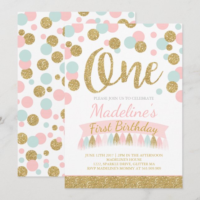 Rosa Minze und Gold Einladung zum 1. Geburtstag (Vorne/Hinten)