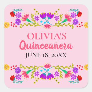 Rosa Mis Quince Anos mexikanische Fiesta Flora Quadratischer Aufkleber