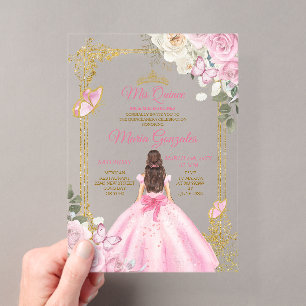 Rosa Mis Quince Krone Gold Quinceañera Schmetterli Acryleinladungen