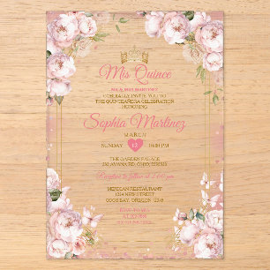 Rosa Mis Quince Krone Goldene Quinceañera Schmette Acryleinladungen