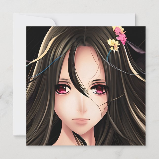 Rosa Mit Augen Brünetter Anime-Girl-Cartoon Karte (Vorderseite)