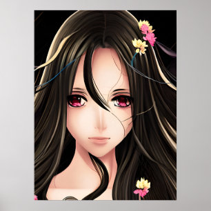 Rosa Mit Augen Brünetter Anime-Girl-Cartoon Poster