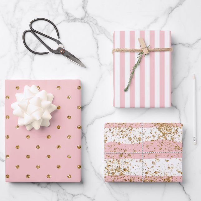 Rosa mit goldener Glitzer Hochzeit  Geschenkpapier Set (Vorderseite)