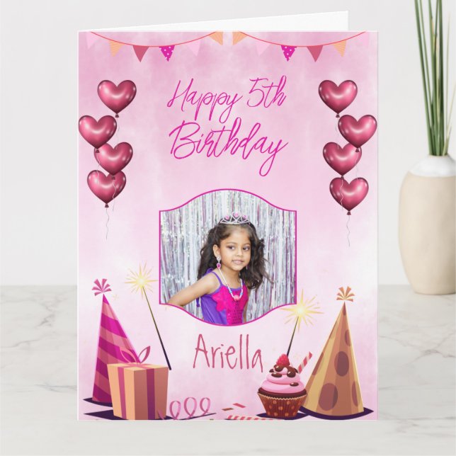 Rosa mit Herzblasen Kindergeburtstag Fotokarte Karte (Vorderseite)