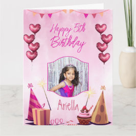 Rosa mit Herzblasen Kindergeburtstag Fotokarte Karte