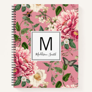 Rosa Mit Monogramm Garten Blumenmuster Notizbuch