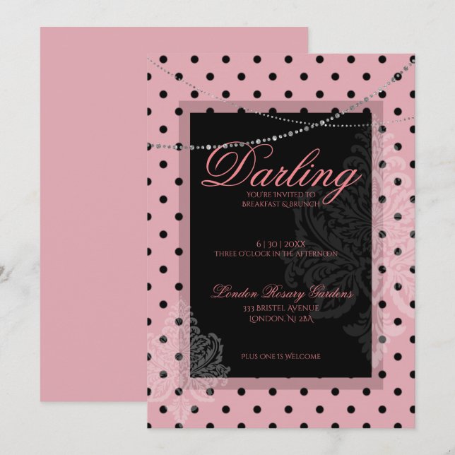 Rosa mit schwarzem Polk dots Frühstücksbrunch Einladung (Vorne/Hinten)