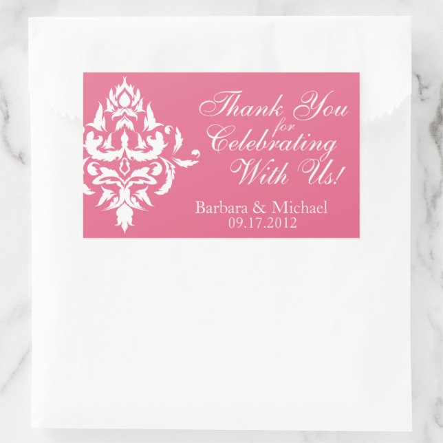 Rosa mit weißem Damaskus-Rectangle-Hochzeitskleber Rechteckiger Aufkleber (Tasche)