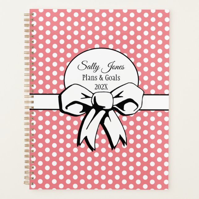 Rosa mit weißen Polka Docks und Bow Personalisiert Planer (Vorderseite)