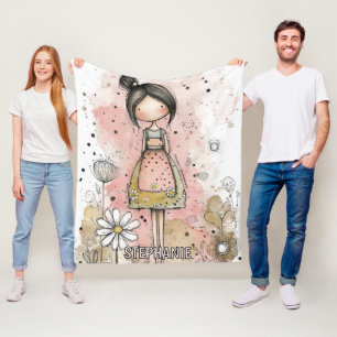 Rosa Mixed-Media-Mädchen - Gänseblümchen und Punkt Fleecedecke