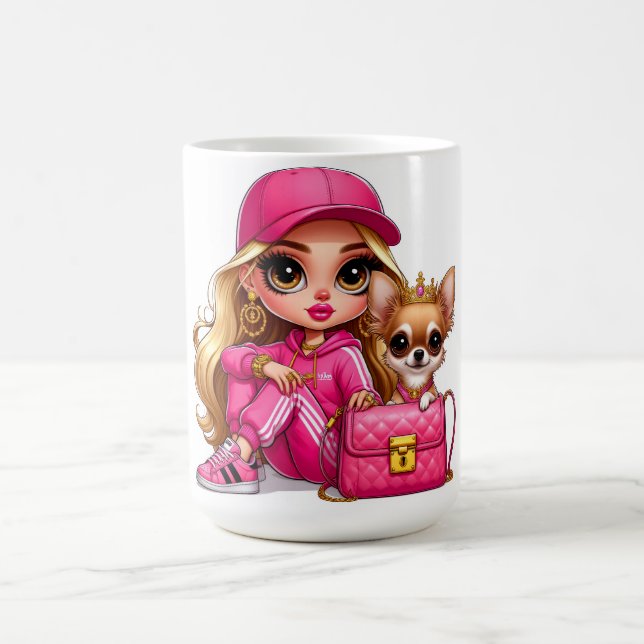 Rosa Modepuppe und Welpen-Plüschdecke Kaffeetasse (Mittel)