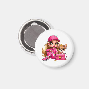 Rosa Modepuppe und Welpen-Plüschdecke Magnet