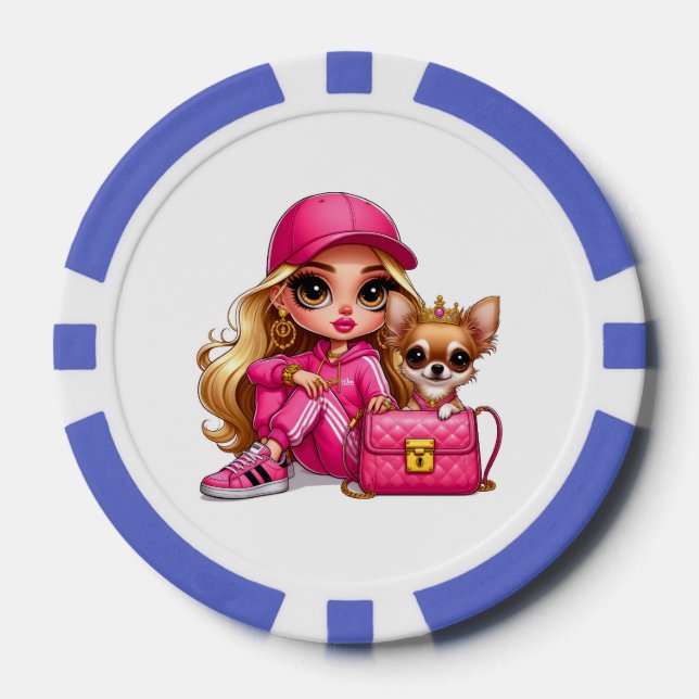Rosa Modepuppe und Welpen-Plüschdecke Pokerchips (Vorderseite)
