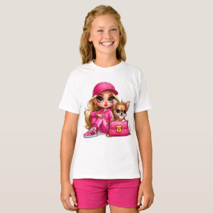 Rosa Modepuppe und Welpen-Plüschdecke T-Shirt