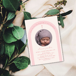 Rosa Modern Boho Arch Cross Girl Foto Taufe Einladung