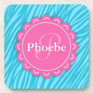 Rosa Moderne Blume Monogram Aqua Blue Zebra Print Untersetzer