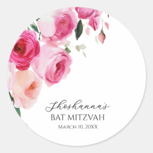 Rosa moderne Floral Bat Mitzwa  Runder Aufkleber