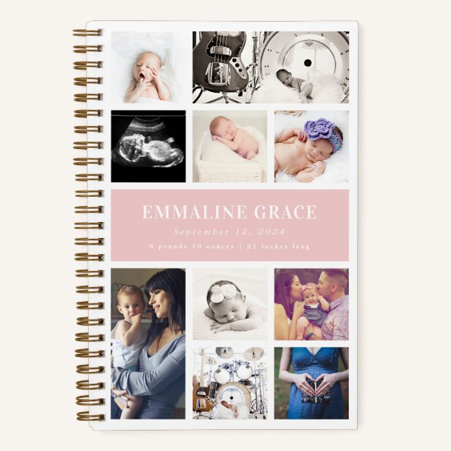 Rosa Moderne Galerie Zehn Babyfoto Collage Notizbuch (Vorderseite)