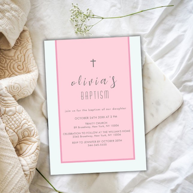 Rosa moderne Kreuzweide Christening Girl Taufe Einladung (Pink Modern Cross Christening Girl Baptism Invitation)