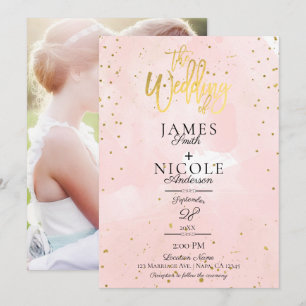 Rosa Moderne Minimal Gold Foil Volles Foto Hochzei Einladung