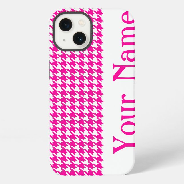 Rosa moderner Houndstooth mit Namen iPhone Hülle (Rückseite)