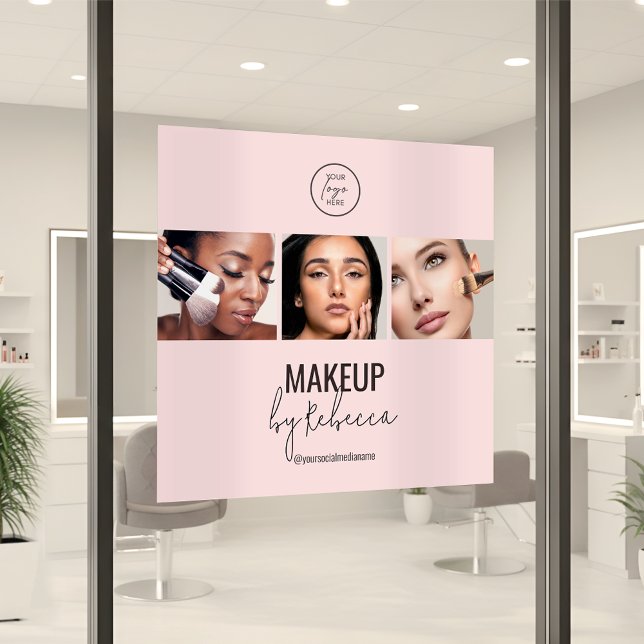 Rosa modernes 3-Foto-Make-up-Studio-Logo Fensteraufkleber (Modern blush pink makeup artist window cling sign with space for 3 photos and your logo)
