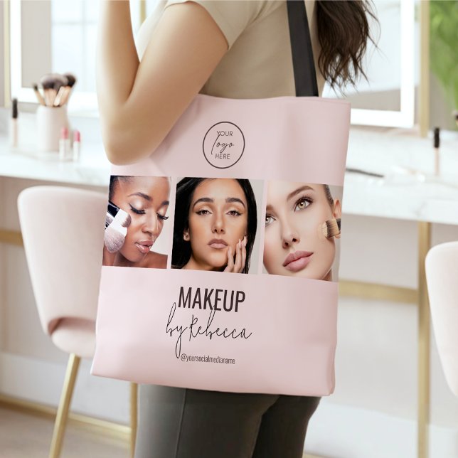 Rosa Modernes 3-Foto-Makeup-Studio-Logo Tasche (Modern blush pink design with 3 photo slots for your model photography)