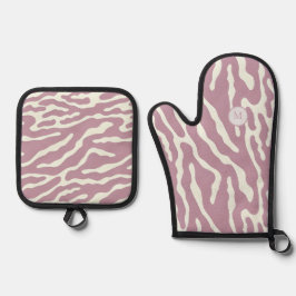 Rosa modernes abstraktes Wellenlinien-Monogramm Ofenhandschuh & Topflappen-Set