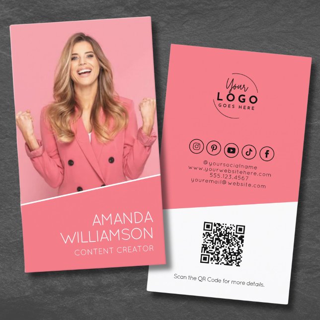 Rosa Modernes Foto - Ihr Logo Visitenkarte (Pink Modern QR Code Your Logo Business Card)