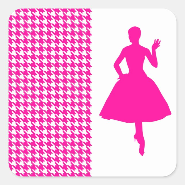 Rosa Modernes Hahnentrittmuster mit Mode-Silhouett Quadratischer Aufkleber (Vorderseite)