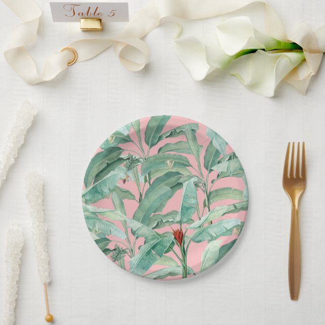 Rosa Modernes tropisches Bananenpalme Blätter Pappteller (Hochzeit)