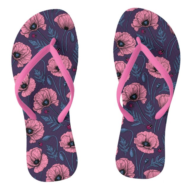 Rosa Mohn auf dunkelviolett Flip Flops (Fußbett)