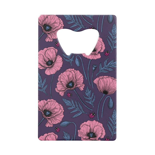 Rosa Mohn auf dunkelviolett Geldbeutel Flaschenöffner (Vorderseite)