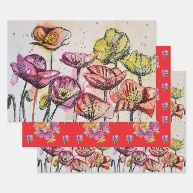 Rosa Mohnblume Blume Blumenmohn Wasserfarben Wasse Geschenkpapier Set (Set)