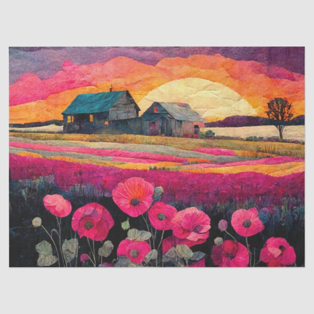 Rosa Mohnfarm bei Sonnenuntergang, lebendige Bauer Seidenpapier (Vorderseite)