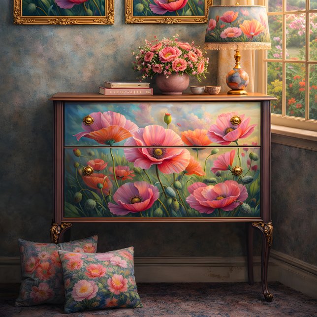 Rosa Mohngarten Blumendekoupage Seidenpapier (Pink Poppy Garden Floral Decoupage Tissue Paper)